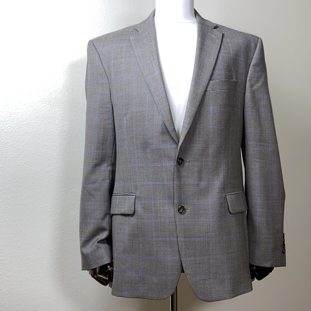 Jos a Bank Men's 41L Beige Blue Windowpane Blazer Wool Double Vent Sport Coat